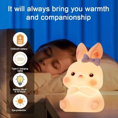 Veilleuse Lapin - Silicone Non Toxique - Batterie 1200 mAh - Intensité Réglable - Télécommande Incluse - Pour Chambre Bébé Enfant - 1 Pièce (1/4)