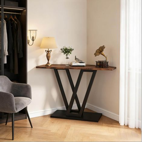 Tavolo consolle stretto 110 x 30 x 80 cm, MDF E1 e metallo, nero e marrone rustico DESVIAE (1/5)