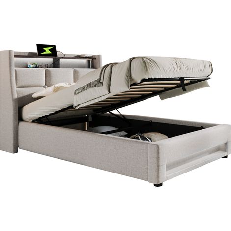 Bett mit Stauraum 90x200 cm aus Leinen mit USB, LED, Einzelbett mit Hebefunktion, ohne Matratze, Beige (1/5)