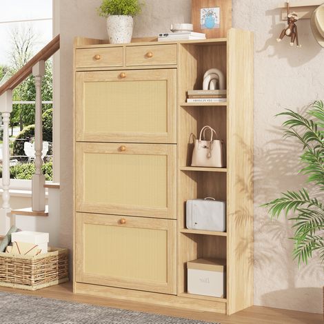 Meuble à chaussures étroit en panneau de particules et résine tressée, 3 abattants, 2 tiroirs, étagères réglables, rangements ouverts, 90 x 24 x 130 cm CHICFURN (1/5)