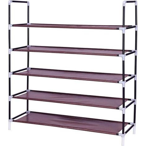 Simple Assembly 5 Tiers Non-woven Fabric Shoe Rack with Handle Dark Brown (1/5)