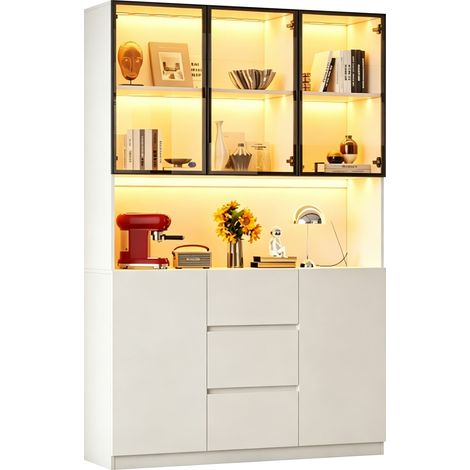 Vitrine Blanc en MDF et verre, Avec Éclairage LED, Étagères Réglables, 3 Tiroirs et 2 Portes, 120 x 40 x 200cm - pour bureau, salon (1/5)
