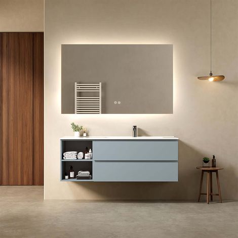 Mobile bagno sospeso 140 cm Blu Avio Lavabo a Destra in Resina Specchio Quadro Retroilluminato - Fiji Paint Plus (1/4)