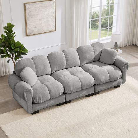 Sofá de 3 plazas (260x86x90 cm), modular, tapizado en chenilla, color gris claro (1/5)