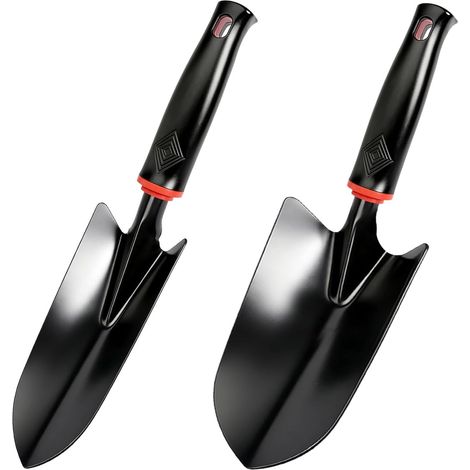 Lot de 2 pelles de jardin en acier au carbone (32,5 x 8 cm/32,5 x 5,5 cm) - Petite pelle à main - Pour planter, transplanter, désherber - Noir (1/5)