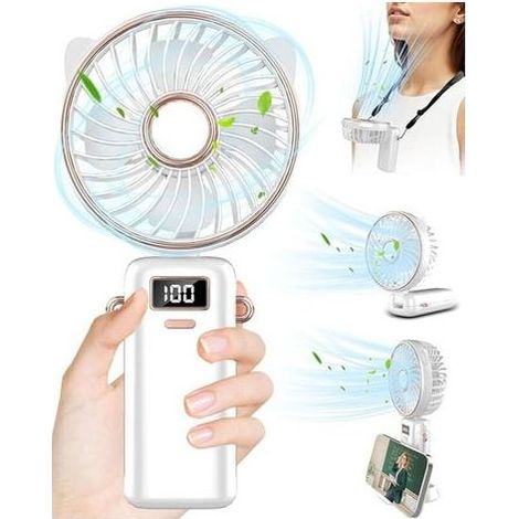 Mini Ventilateur Portable,Ventilateur Main USB Rechargeable Silencieux 5 Vitesse,Petit Ventilateur Portatif Bureau avec Base ,Hand Fan Electrique Pour Exterieur,Voyage-Blanc