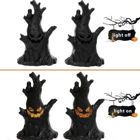 Set di 2 figure decorative di Halloween a forma di ceppo d'albero e fantasma, in plastica, dimensioni 7 x 5,2 x 11,2 cm, ideali per librerie e caminetti. (1/5)