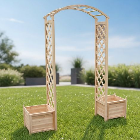 Arco de rosas con jardinera rejilla enrejado arco de jardín columna de rosas soporte para plantas de madera macetero maceta puerta (1/4)