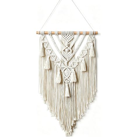 Tapisserie murale en macramé faite à la main en coton - Décoration bohème - Tapisserie tissée avec pompons - Décoration murale bohème pour chambre à coucher, balcon et appartement - 70 cm (H (1/5)
