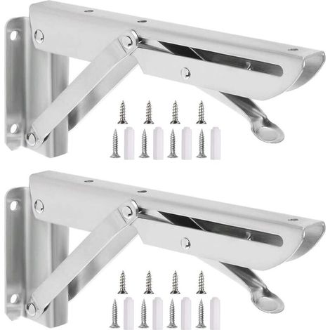 Équerre Pliante , 2 Pièces Étagère Pliante en Acier Inoxydable Support Console Pliable Equerre pour Etagere Murale, Cadre de Support D'étagère de Garage Charge Max 80kg (1/5)
