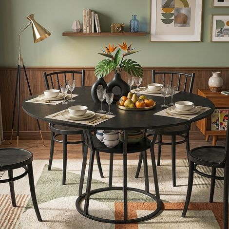 Table à Manger Ronde 120cm Style Industriel pour 6 Personnes - Table de Cuisine Vintage en Bois et Métal avec Étagère - Noir (1/5)