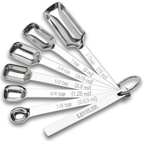 Set of 7 rectangular stainless steel measuring spoons, with scraper and metal teaspoon — Kitchen Accessories (1/5)