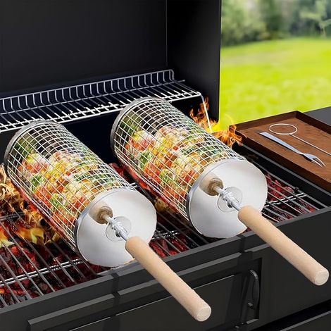 Panier à griller rond à roulettes avec poignée en bois amovible, en acier inoxydable 304, filet à griller emboîtable, accessoire de barbecue pour légumes et crevettes. (1/5)
