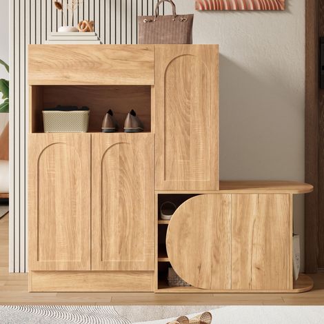 Schuhschrank mit Sitzbank, 1 Schublade, 5 Türen, offene Nische, Natur HAVRYA (1/5)