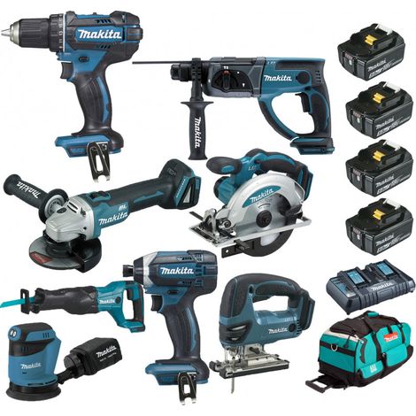 Pack Makita 8 machines 18V 5Ah: DDF482 + DTD152 + DGA504 + DHR202 + DJR186 + DJV180 + DSS610 + DBO180 + 4 batteries + sac