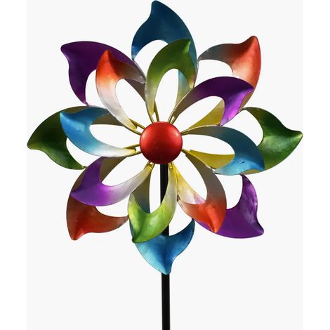Piquet de jardin, double moulin à vent, carillon éolien en métal en forme de fleur, figurine décorative pour jardin (1/2)