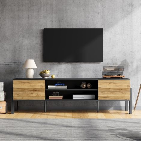 Meuble TV — Banc TV bas, Console TV (avec 2 placards de rangement et un espace de rangement ouvert), Table TV, Meuble de rangement pour salon — Compatible avec les téléviseurs jusqu'à 70 pouces