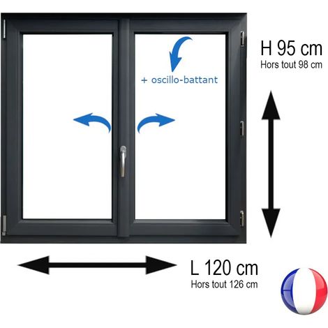 Fenêtre PVC 2 vantaux H 95 x L 120 cm OB anthracite pour pose en neuf avec poignée (1/5)