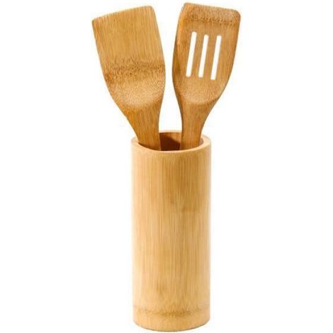 Ustensiles De Cuisine - Ensemble 6 Pièces En Bambou - Support De Rangement Inclus - Cuillère Spatule Écumoire Pince - 30 Cm - 1 Unité (1/4)