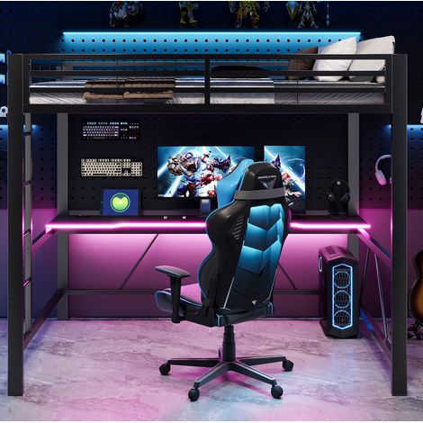 Cama alta gaming 140 x 200 cm con escritorio, LED y estación de carga USB negro DESVIAE (1/5)