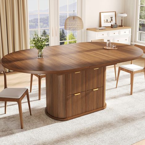 Table à Manger Extensible Ronde à Ovale 118-158x118x76,8 cm, 4 à 6 Personnes, avec Rangement Intégré, 2 Tiroirs et Façade Cannelée - Brun Foncé (1/5)