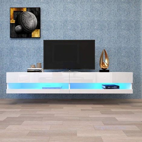 Meuble TV - SOGEU - Meuble TV Blanc avec Support Télévision - 140x40x30.5 cm - Éclairage LED 16 couleurs - 2 portes, MDF (1/5)