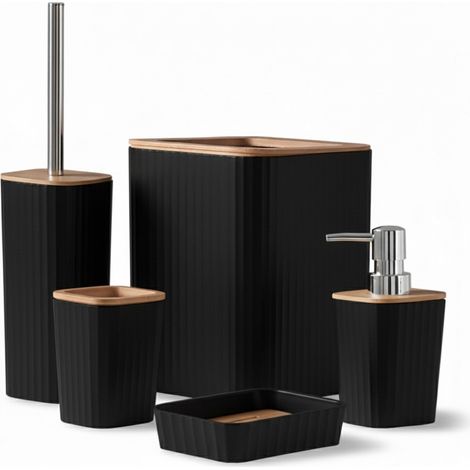 Set accessori bagno nero in plastica e bambù 5 pezzi – Show