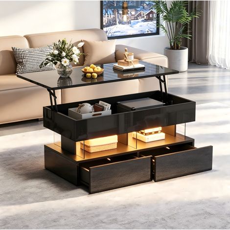 Tavolino da caffè in MDF e acrilico 100 x 50 x 46 cm nero, sollevabile con LED e 2 cassetti (1/5)