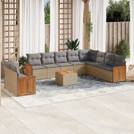 11-tlg. Garten-Sofagarnitur mit Kissen Beige Poly Rattan (1/5)