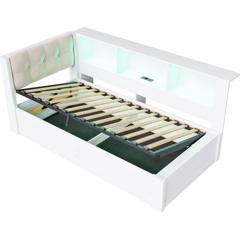 Cama banqueta 90x200 cm con almacenaje hidráulico, LED, USB y estante, blanca (1/5)
