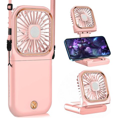 Ventilatore da collo pieghevole, ricaricabile tramite USB, 3000 mAh, silenzioso, portatile con supporto per telefono, ideale per ufficio, viaggi e attività all'aperto, colore rosa. (1/5)