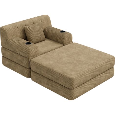 CHICFURN Poltrona letto 1 posto in corduroy kaki con pouf, 2 portabicchieri e 4 tasche (1/5)