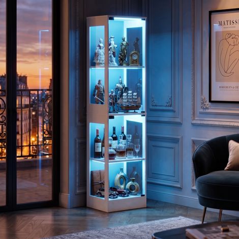JOOKGBD–Vetrina in vetro per collezione con illuminazione LED e sensore di movimento intelligente,2 ante in vetro,4 ripiani,mobile contenitore design,per soggiorno,libreria,ufficio,bianco (1/5)