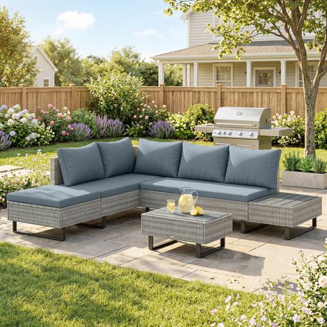 Salon de Jardin d'Angle en Résine Tressée 5 Places Modulable avec Méridienne Réglable avec Table en Composite Gris