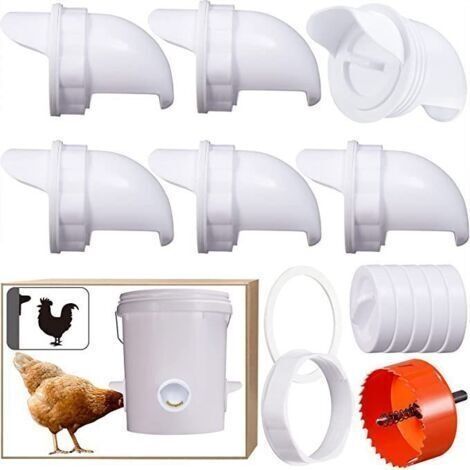 Mangeoire à volaille à 6 ports, kit d'alimentation par gravité résistant à la pluie avec bouchon anti-insectes pour seaux, tonneaux, bacs, abreuvoirs, mangeoire à poulets sans gaspillage (1/4)