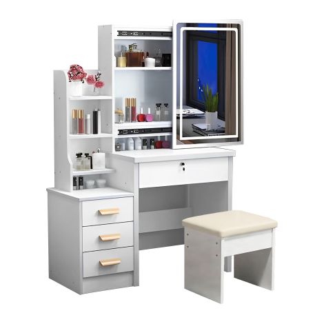 Elegante toletta con specchio e illuminazione, 1 sgabello, specchio da trucco illuminato, 3 colori, 4 cassetti, 85x36x130 cm, CJHXE