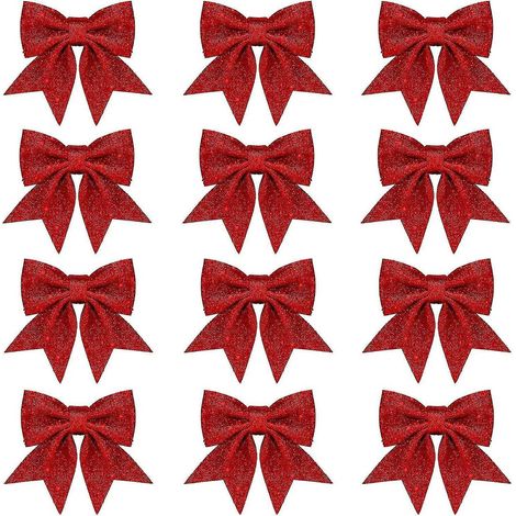 12 décorations de Noël en forme de nœud de 14 cm (5,5 pouces), nœuds rouges en forme de couronne, petits nœuds pour sapin de Noël, nœuds papillon à paillettes. (1/5)