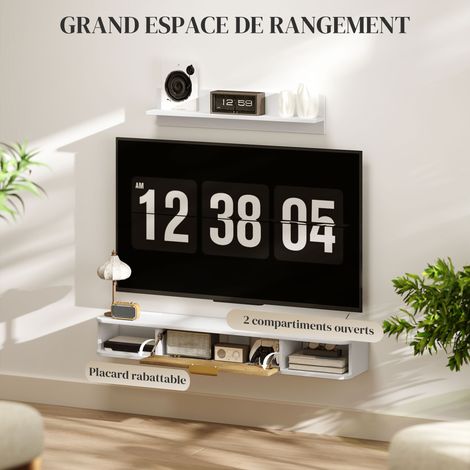 Ensemble meuble TV suspendu avec étagère murale meuble télé bois mural passe-câbles 120 x 24 x 16 cm blanc (1/5)