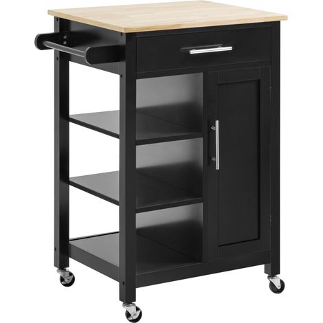 Servierwagen auf Rollen, modernes Design – Tür, Schublade, 3 Ablagen – Metallgriffe, schwarze Gummibaumholzplatte (1/5)