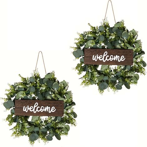 couronnes d'eucalyptus avec panneau de bienvenue couronne artificielle printemps été pour décoration murale porte d'entrée festival Lot de 2 (1/5)