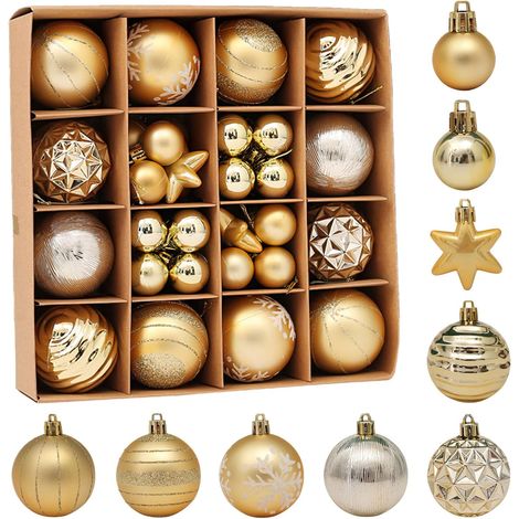 Lot de 42 petites boules de Noël en plastique incassable à suspendre pour sapin de Noël, fêtes, mariage (doré) (1/5)