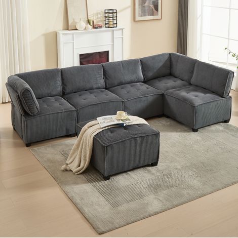 Sofá modular de 6 plazas (308x154x81.99 cm), convertible en cama, con bolsillos laterales, pana gris (1/5)