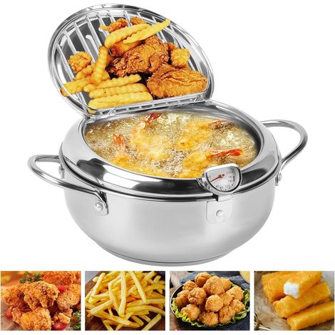 Friteuse, Poêle de Style Japonais Friteuse Japonaise avec Thermomètre Poêle à Frire en Acier Inoxydable pour Frire du Poulet Français, du Poisson Séché (24 cm) (1/5)