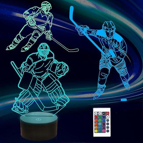 Veilleuse 3D pour enfants, motif joueur de hockey sur glace, lampe à illusion d'optique avec 16 couleurs changeantes et télécommande - Idée cadeau pour un anniversaire, Noël ou la Saint-Valentin