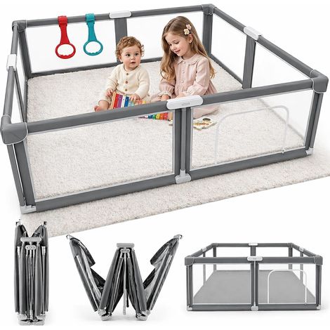Parc Bébé Pliable avec Sac de Transport, Parc de Jeu Bébé 150 × 180 cm, Installation Rapide Sans Outil, Structure Stable et Maille Respirante, Parc Enfant Portable Gris (1/5)