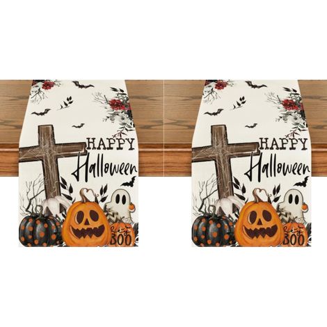Camino de mesa de Halloween con calabaza, cruz de fantasma y murciélago, decoración otoñal de temporada para la cocina, 33 x 152 cm (2 piezas) (1/4)