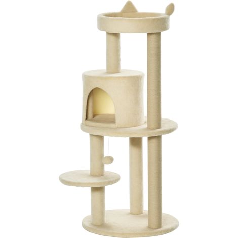Pawhut – Arbre à chat crème 48L x 48I x 104H cm – 3 plateformes – Griffoirs et grattoirs – Niche et jeu boule suspendue – Panneaux E1 et sisal naturel