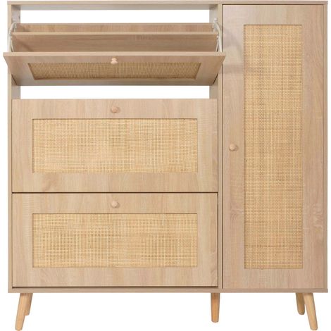 Meuble à chaussures en rotin HWC-M37, étagère à chaussures armoire à chaussures, 3 compartiments basculants 2 étagères 1