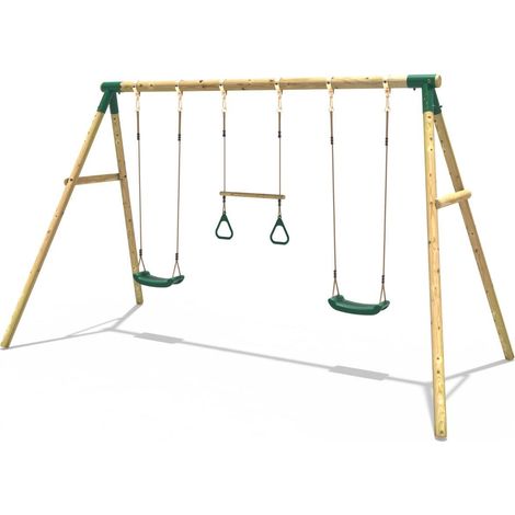 Wooden Garden Swing Set with 2 Swings and Trapeze Bar - Comet Green (1/4)