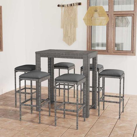 Ensemble Table de bar + 6 Chaises de bar de jardin - Table Haute avec 6 Tabourets et coussins Résine tressée Gris BV708851 - BonneVie (1/5)